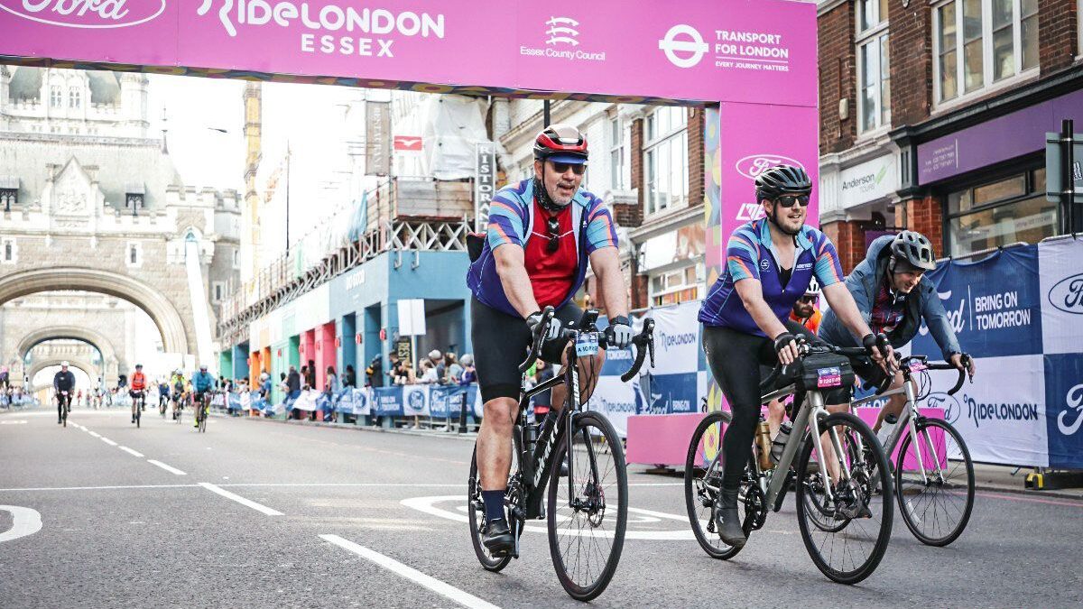 Tim Clark and Matt Dodd crossing the finish line of the Ford Ride London event on Tower Bridge in Central London.